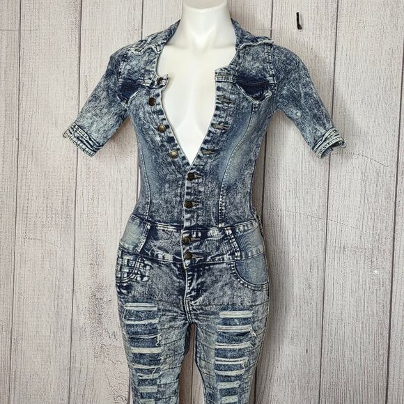 Y2K Acid Wash Distressed Denim Jumpsuit w Cut-outs, Bows & Woven Accents, sz 5 - Picture 2 of 14